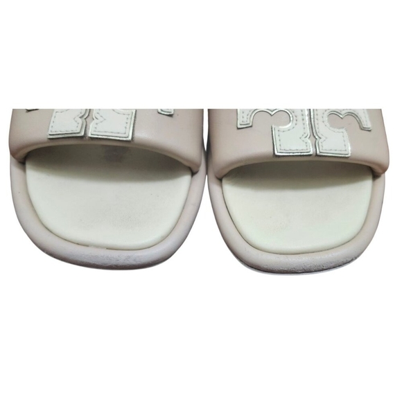 Tory Burch Women Leather Slide Sandals Double T Logo Beige Cream Flat Slip On 10 - Picture 4 of 13
